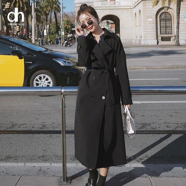 Casacos de trincheira feminina DH Mulheres Casas de Mulheres da Primavera Autumn Outerwear Feminino preto Pedido duplo com Belt Long Duster for Lady