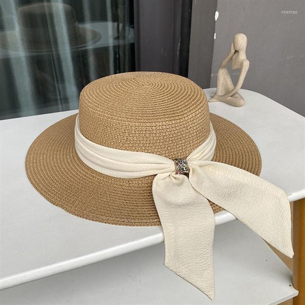 Hüte mit breiter Krempe 2023 Sun Fedora Damen Herren Caps Flat Top Strohhut Sommer Strand Casual White Ribbon Panama Für Damen