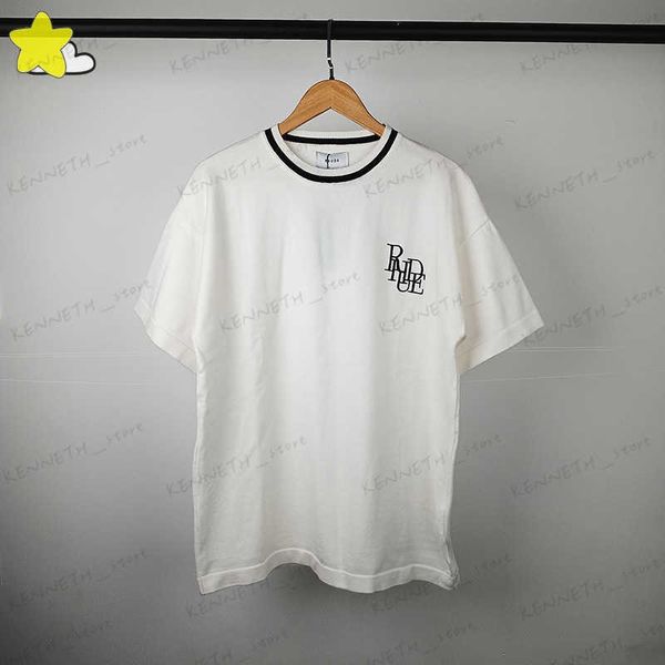 Camisetas masculinas masculinas homens casuais hip hop solto rhude tricotado t camisetas de melhor qualidade bordado rhude top tee preto azul verde de manga curta t230412