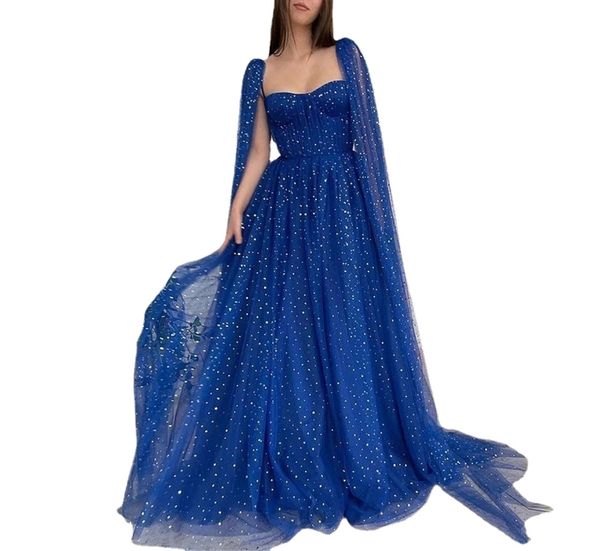 Royal Blue Shiny Star Tüll Ballkleid Schatz Plissee Langer Schal A-Linie Abschlusskleid Elegante Partykleider für Frauen