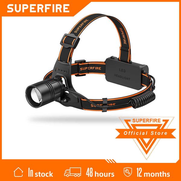 Головные лампы Superfire HL08 20W Мощные светодиодные фары Увеличение 4 режима Super Bright Camping Furlight 2x18650 Индикатор батареи Фонарь P230411