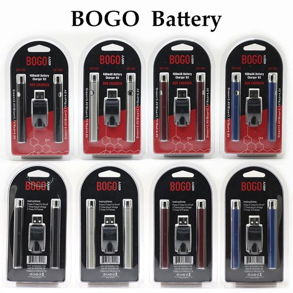 BOGO Vorwärmbatterie 400 mAh Doppelstift mit Ladegerät Blisterpackungssatz Batterien Variable Spannung Vape Pen Passend für 510-Gewinde-Dickölkartuschen