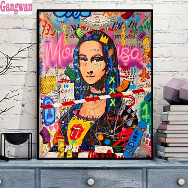 Dipinti graffiti art Mona Lisa classico Fai da te Pittura diamante 5d Punto croce Completo quadrato rotondo Diamante Ricamo Strass Decorazioni per la casa 231110