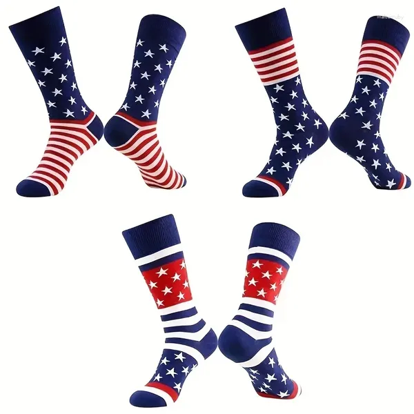 Meias masculinas 3Pairs American Flag Print Novelty Funny Happy Fashion Cotton Sports