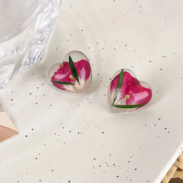 Orecchini a bottone Minar carino romantico vero fiore colorante resina acrilica trasparente piccolo orecchino a cuore d'amore per gioielli da donna
