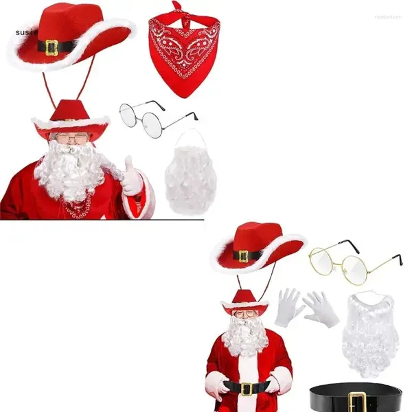 BERETS X7YA 4/5pcs Abito da Babbo Natale per adulti BEARD Western Cowboy Cappello da cowboy Clausole Red Deluxe COSTUME COSTUTTO COSTRUAGGIO DI NAMBINO COSTRO