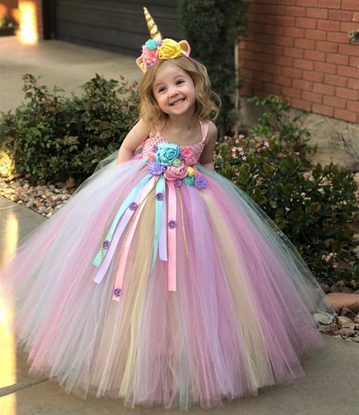 Платья для девочек, пастельное платье-пачка с цветком единорога, детское вязаное бальное платье из тюля и бретелей с ромашками, детский праздничный костюм 230410