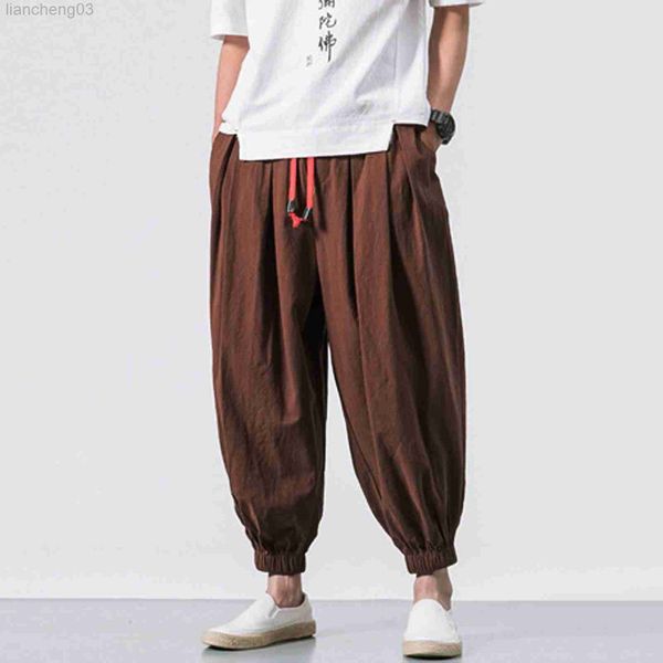 Erkek pantolon erkek moda pamuk keten rahat düz renkler gevşek pantolon nefes alabilen Japon tarzı elastik bel harem pantolon artı#g3 w0411