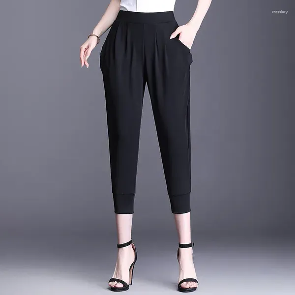 Pantaloni da donna Tessuto di seta del latte Alta elasticità Estate Vita sottile Allentato Sottile Mamma di mezza età Nero Grasso MM Casual Ritagliata Harun 5XL