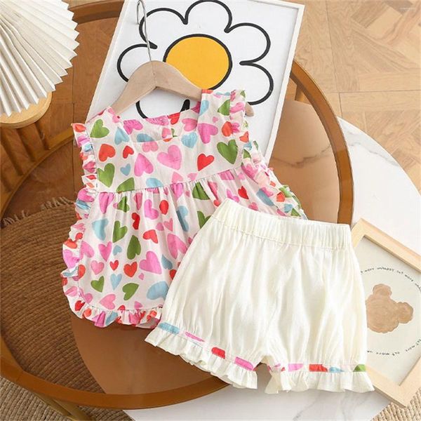 Set di abbigliamento Ragazza del bambino Senza maniche Volant Colorato Cuore d'amore Stampa Girocollo Top Pantaloncini Abiti per bambini carini Set 1 2 3 4 5Y