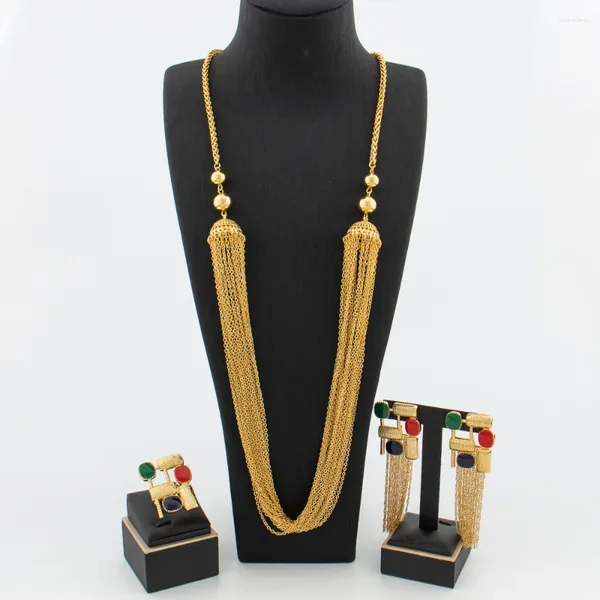 Halskette-Ohrringe-Set, italienischer goldfarbener Schmuck für Frauen, farbige Quaste und Ring mit langer Kette, Dubai-Brautschmuck, Geschenke