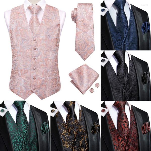 Coletes masculinos Hi-Tie Mens Silk Vest Gravata Casamento Coral Rosa Paisley Jacquard Vestido Sem Mangas Jaqueta 4 PC Hanky Cufflink Terno Colete