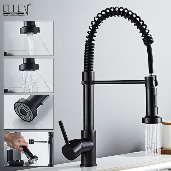 Torneiras de cozinha Deck Montado Misturador Flexível Mixer Tap preto Torneira fria estilo mola com misturadores de spray Taps E9009 230411