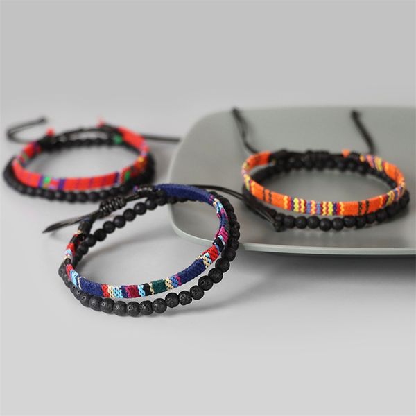 2 PCs Definir pulseira de fita tecida feita ao estilo Bohemia com bracelete de charme de pedra de lava de 4 mm para homens e mulheres