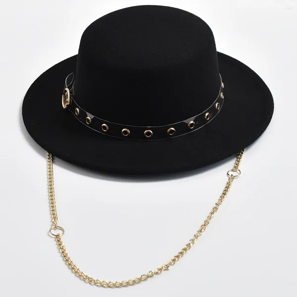 Berets Flat Top Fedora Hat para Mulheres Metal Chain Decor Felt Jazz Chapéus Outono Inverno Elegante Festa de Casamento Chapeau Femme