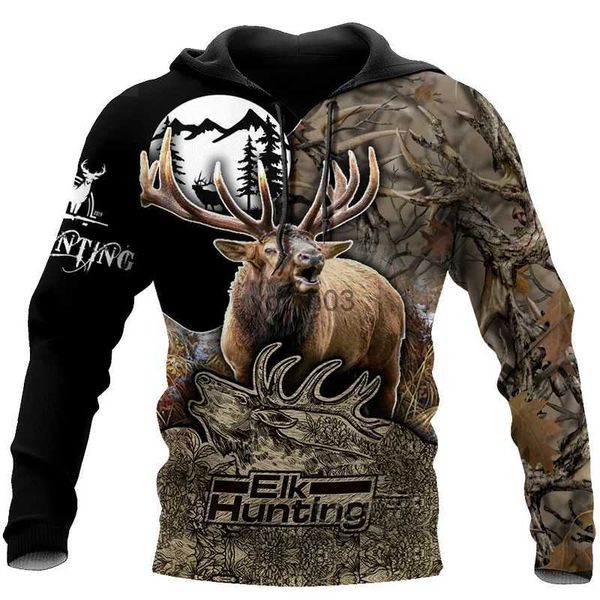 Felpe con cappuccio da uomo Felpe moda 3D Elk Print Felpe con cappuccio da uomo Felpe da caccia all'aperto Autunno Trend Camouflage Pullover Abbigliamento oversize Hip Hop Top YQ231111