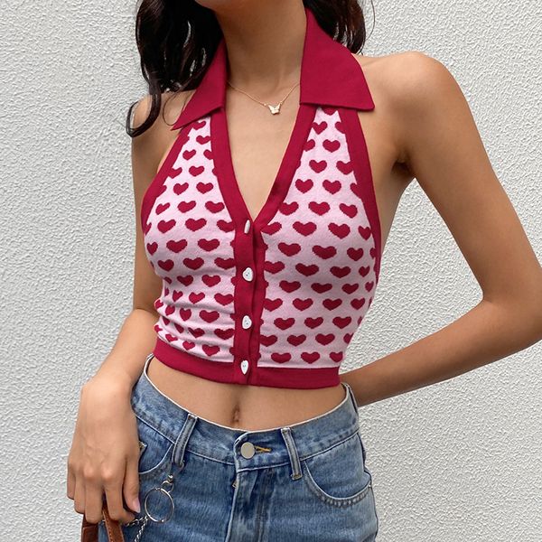 Camisoles Tanks Heart Print senza maniche Halter Knit Crop Top Ladies Sexy Backless Cami Vest Maglieria estiva Streetwear top 220410