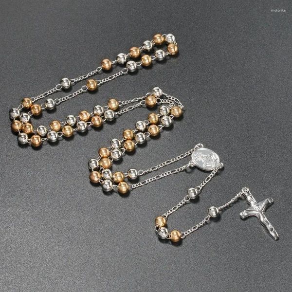 Collane con ciondolo Rosario con perline di metallo da 6 mm per donna Uomo Collana lunga con croce crocifisso Gioielli religiosi Pregate