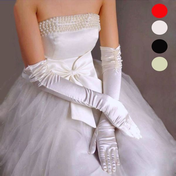 1 пара свадебных перчаток для невесты, красные, черные, белые, цвета слоновой кости, длинные атласные перчатки с бисером, элегантные для женщин, на палец, для свадьбы, luvas de noiva