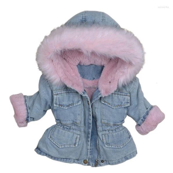 Down Coat Wintergdler Bebek Kız Kız Kapüşonlu Ceket Çocuklar Sahte Kürk Polar Sıcak Kalın Denim Kostüm Erkekler Dış Giyim