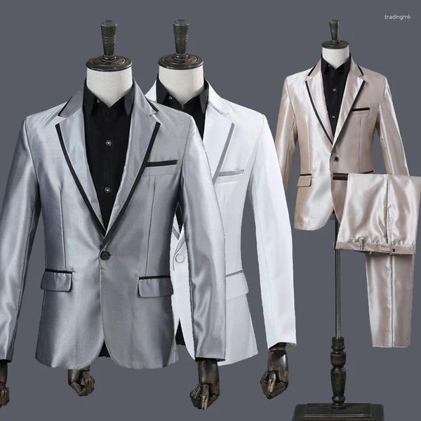 Ternos masculinos prata cinza brilho material terno formal negócios masculino blazer calças festa de casamento noivo smoking 2 peça para