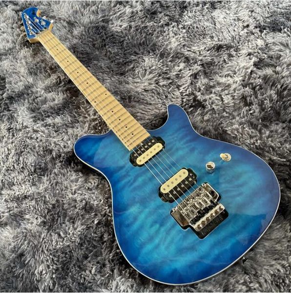 Редкая электрогитара Эдварда Ван Халена Music Man Ernie Ball Axis Blue, стеганый кленовый топ, бридж Floyd Rose Tremolo, Whammy Bar, хромированная фурнитура