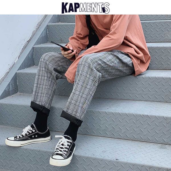 Herrenhose KAPMENTS Streetwear Gelb Karierte Hose Herren Jogger 2023 Mann Lässige Gerade Pluderhose Herren Koreanische Hip Hop Trainingshose Plus Größe W0414