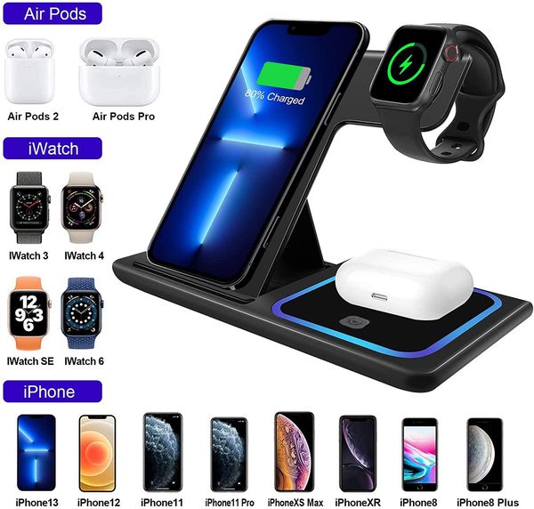 15 Вт 3 в 1 беспроводная зарядная станция, совместимая с iPhone Apple Watch Pro Qi Fast Quick Charger для мобильного мобильного телефона сотовой связи