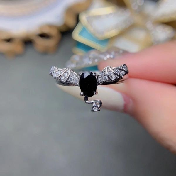 Anelli a grappolo YULEM Anello in argento sterling 925 con spinello nero naturale, dimensione della pietra, circa 4,6 mm, design a pipistrello per le donne