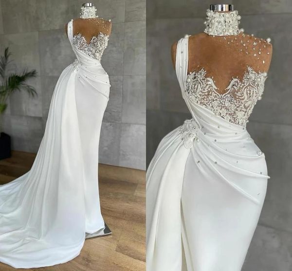 Abiti da festa 2023 Arabo Aso Ebiy Style Mermaid Prom White Pearls Pizzo Plus Size Abiti da sera convenzionali Abiti da sposa