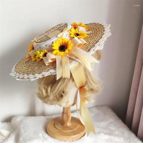 Party Supplies Sweet Lolita Bandge Bow Sunflower Straw Flat Hat Cosplay Girl Tea Sunhat Beach Cap D965