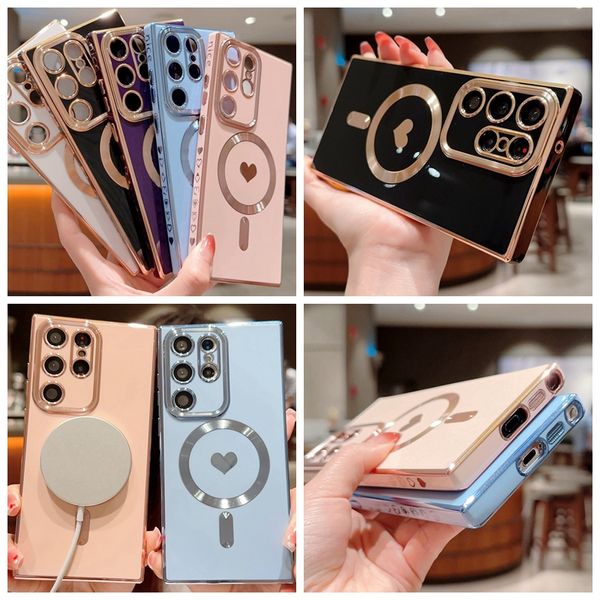 Custodie di ricarica wireless magnetiche Love Heart per Samsung S24 S23 Ultra S22 Plus S21 6D Soft TPU Luxury Shinny Chrome Fine Hole Metallico placcato Cover posteriore del telefono