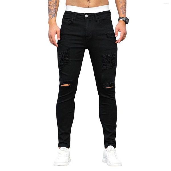 Мужские брюки мужчины тощие разорванные джинсовые брюки с низким ростом с твердым цветом карандаш кольчкой для ноги расстроенные джинсы мотоциклетные байкерские брюки