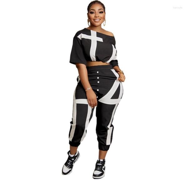 Roupa de roupas étnicas Mulheres do traje de duas peças de duas peças Terno casual Africano Black Presd Presd com camiseta de manga curta Camiseta longa 2 2023 Summer