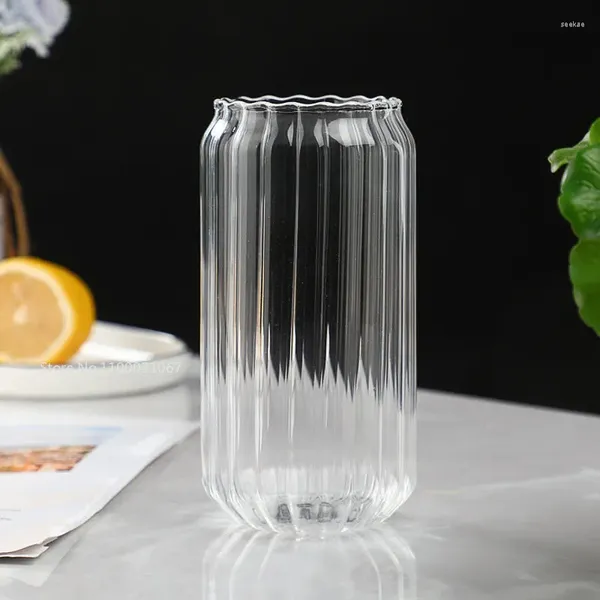 Tassen 400/500 ml Streifen Transparent Handgemachte Dose Trinken Kaffee Glas Tasse Mit Lippe Strohhalme Wein Milch Bier Cola Saft Kaltes Getränk