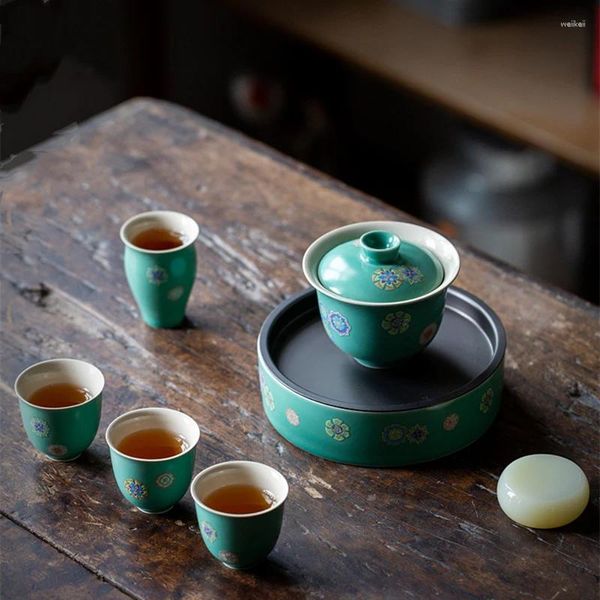 Set da tè Set da tè in ceramica verde Porcellana Gaiwan Cup Teiera Vassoi Cerimonia Zuppiera per fiori