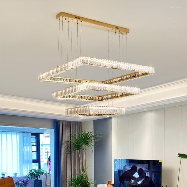 Lâmpadas pendentes lustres de luxo de luxo luminária de cristal led moderno quadrado de aço cromado pendurado sala de lampling huspend Lights