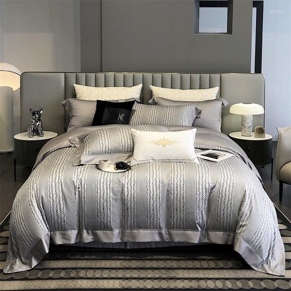 Set di biancheria da letto Set di lusso grigio argento Lyocell Cotton Soft Silky Tinto in filo Jacquard Copripiumino Federe per lenzuola piatte / con angoli