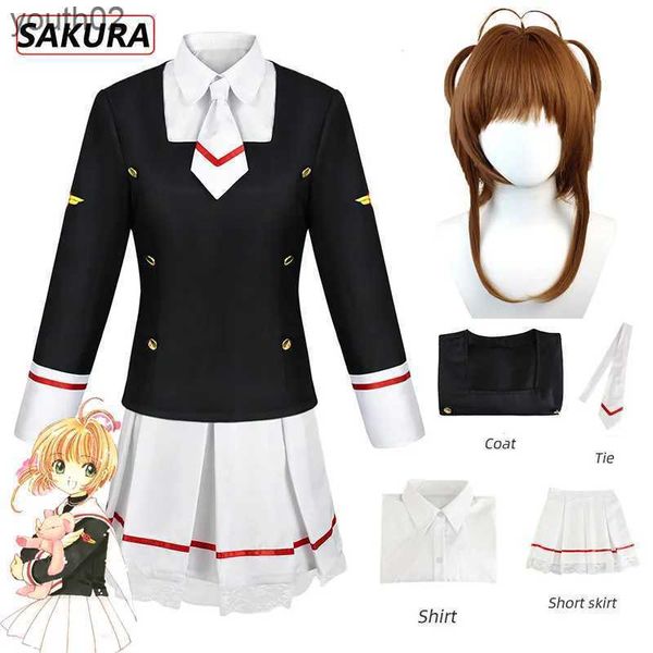 Trajes de anime Captores de cartões de anime Sakura KINOMOTO SAKURA Cosplay Come Aldult Woman Cute Loli Sailor JK Uniform Saias Camisa Gravata Peruca Terno ZLN231111