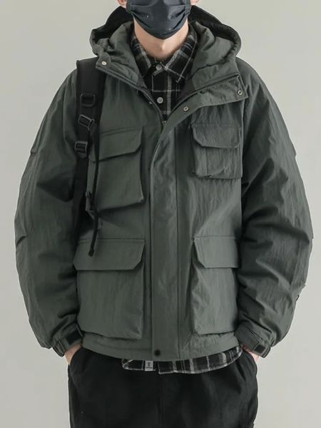 Piumino da uomo Parka retrò con cappuccio imbottito cargo da uomo invernale allentato multitasche addensare Harajuku casual tempesta guida all'aperto equitazione cappotto in cotone 231110