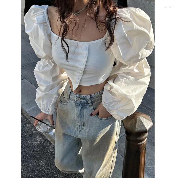 Женские блузки Deeptown Vintage Elegant Women White Korean Style рукавы рукавы