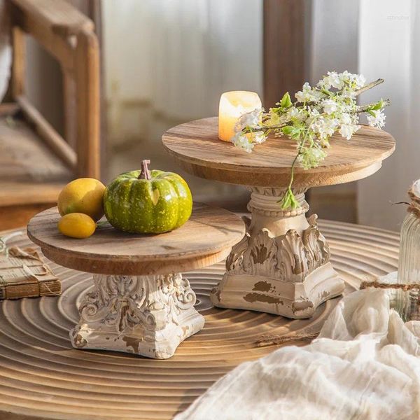Piatti Decorazioni antiche Piedistallo Tavolino rotondo in legno Espositore per torte da dessert Supporto in legno