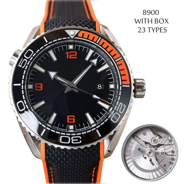 Orologi da 43,5 mm Orologio automatico da uomo Lunetta nera arancione Cal.8900 Movimento VSF Axial Men Dive 600 m Cinturino in caucciù impermeabile Orologi da polso sportivi resistenti all'acqua