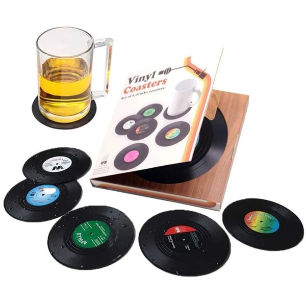 Kunststoff-Retro-Vinyl-Schallplatten-Tassenmatte, rutschfest, Kaffeeuntersetzer, hitzebeständig, Musik, Getränk, Becher, Matte, Tischset, Dekor, 6 Stück/Set