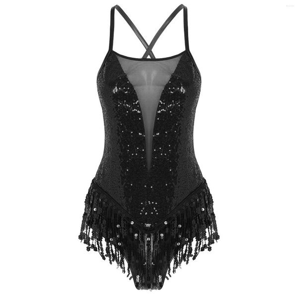 Sahne Wear Women Sequins saçaklı latin caz leotard bodysuits köpüklü tango dans leotardlar tulumlar performans kostümleri