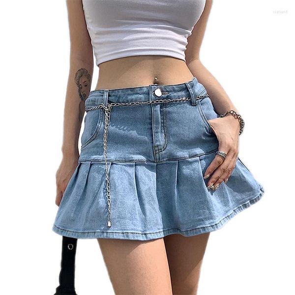 Gonne Harajuku Punk Denim Mini gonna a pieghe Donna Estate Jeans a vita alta Pantaloncini Donna Volant Moda stile coreano