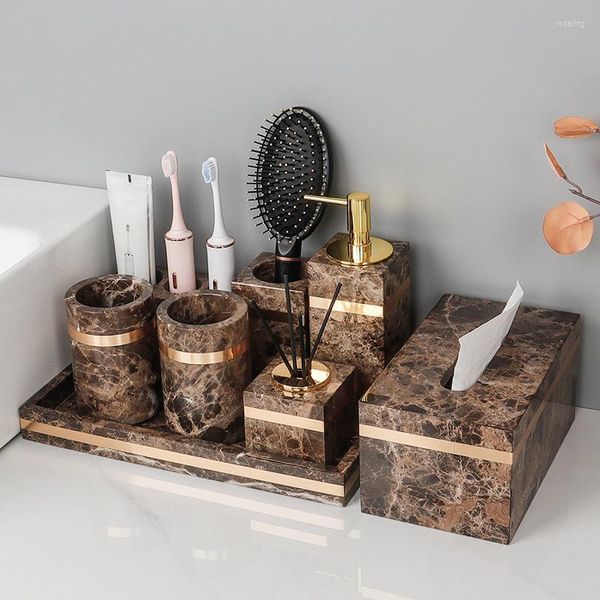 Badzubehör-Set Emperador Dark Natural Marble für Badezimmer Luxus Stein Zahnbürstenhalter Zahnbecher Seifenspender Zubehör-Sets