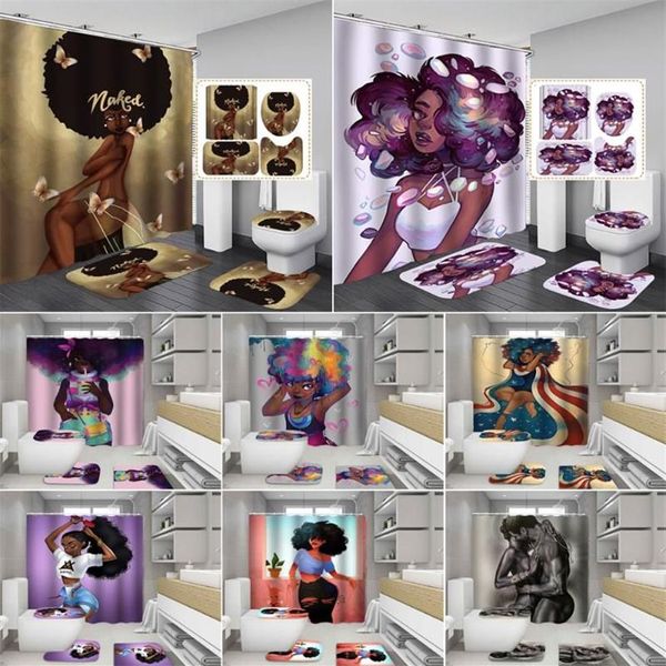 Duschvorhänge Afrikanischer Vorhang Afro Niedlich Sexy Schwarzes Mädchen Badezimmer Amerikanische Loli Anti-Rutsch-Teppiche Toilettendeckel-Abdeckungsmatte Carpet254J