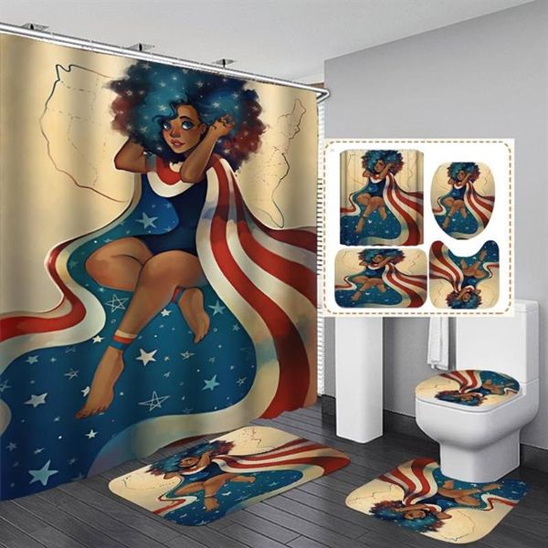 Rideaux de douche mignon étoile cheveux américain portant cape fille salle de bain tapis anti-dérapant couvercle de toilette couverture tapis de bain ensemble décor à la maison 2008