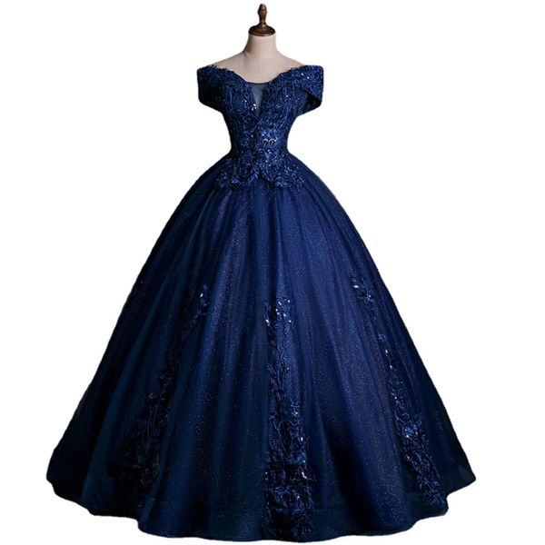 Jeheth Navy Blue Bling Prom Dress с плечевых рукавов вечерние вечеринки для женщин кружев
